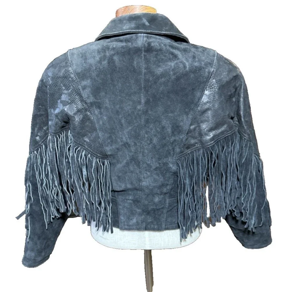 Vintage Chia Leather Jacket Womens Small Black Fringe Western Cowgirl Nashville - Picture 3 of 12